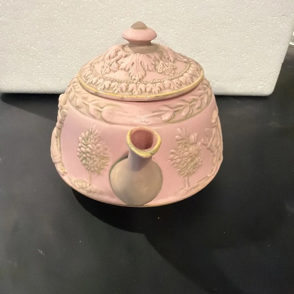 Antique Schafer‎ & Vater Pink German Jasperware Teapot Cherubs Fairies Porcelain